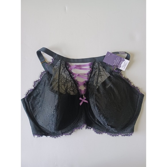 Cacique Balconette Bra Lightly Lined Lace Trim Laced Back‎ Black Purple 42F - Picture 1 of 7